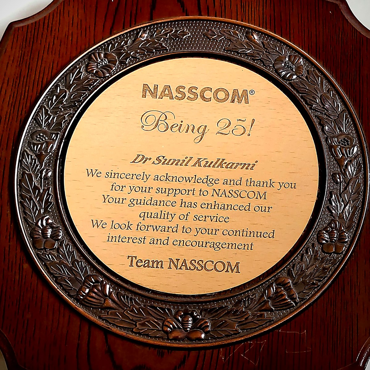 NASSCOM Silver Jubilee plaque presented to Dr. Sunil Kulkarni